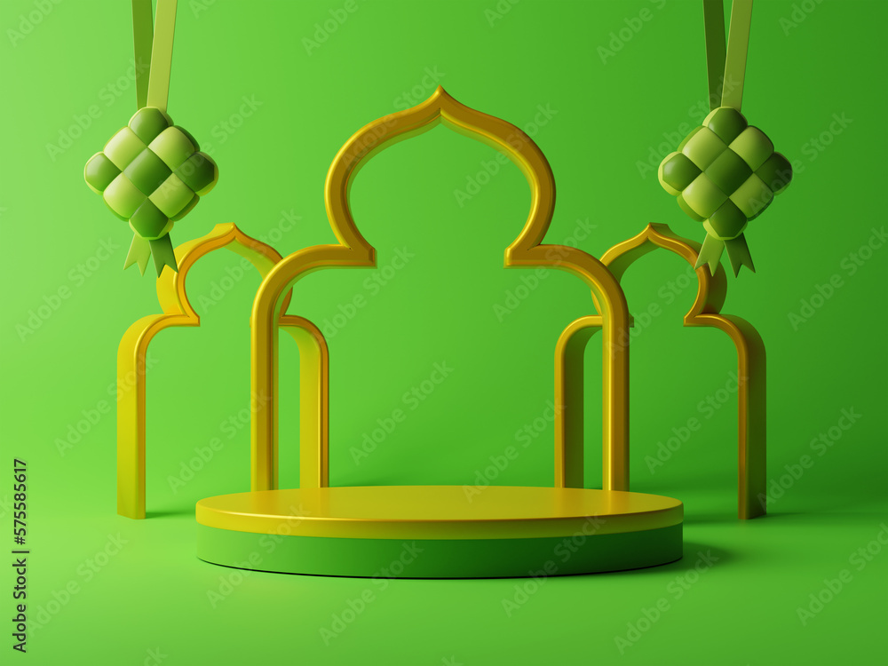 3d green theme with empty product display and islamic festival decorative element for Ramadan Kareem promotion sale advertising campaign 3d green theme with empty product display and islamic festival decorative element for Ramadan Kareem promotion sale advertising campaign