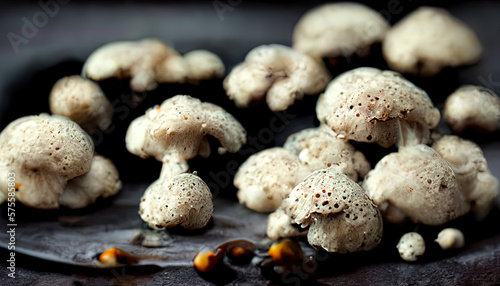 White mushrooms on dark desk. Generative Ai