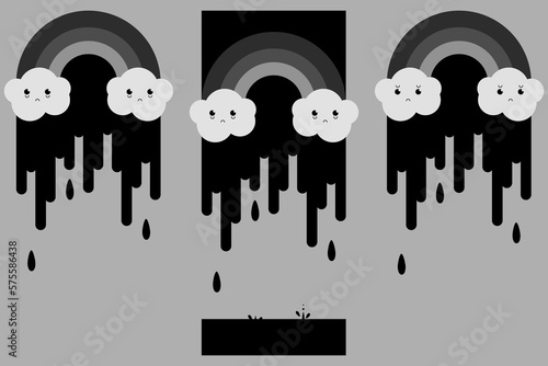 A set of sad clouds with a rainbow, to show a bad mood. It can be used in the design of T-shirts, posters, as an element of a children's psychological help website or a mood tracking application.