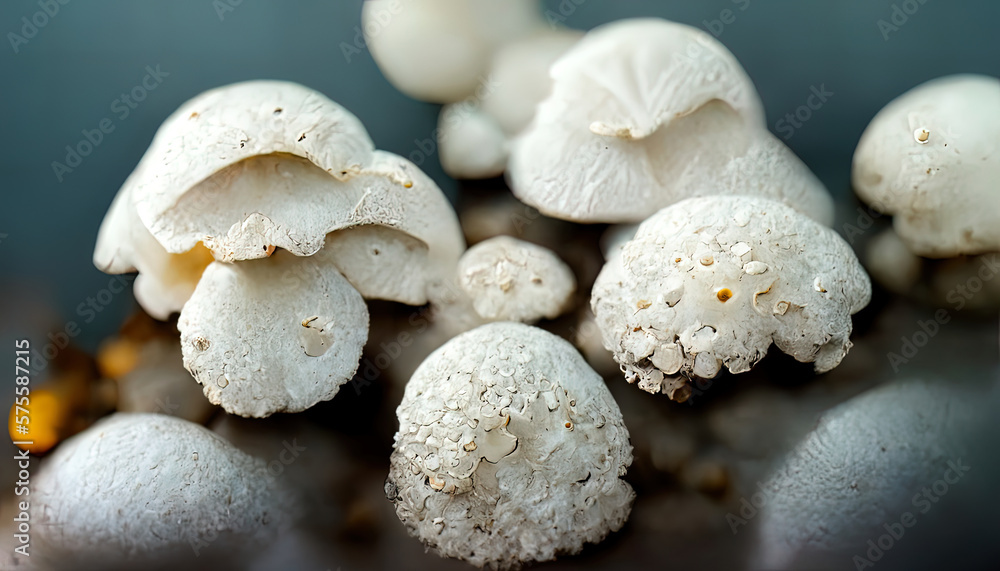 White mushrooms inside a wooden tray on a marble table. Generative Ai White mushrooms inside a wooden tray on a marble table. Generative Ai