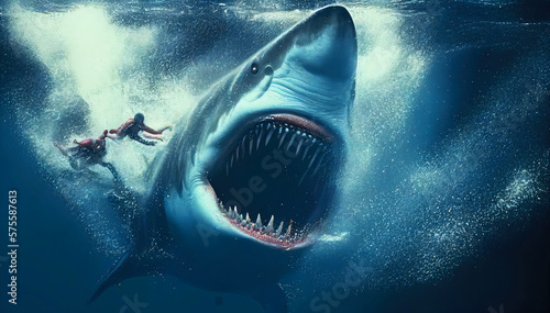 Shark Attack in the Deep Blue Sea. Generative AI Illustration