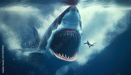 Shark Attack in the Deep Blue Sea. Generative AI Illustration