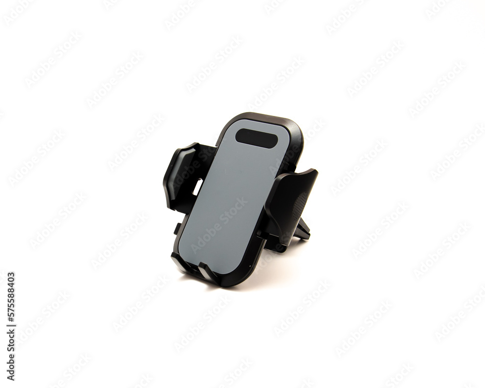 Open bracket one-button releases easy clamp air vent cell phone holder for car hands free cradle driving accessories isolated on white background Open bracket one-button releases easy clamp air vent cell phone holder for car hands free cradle driving accessories isolated on white background