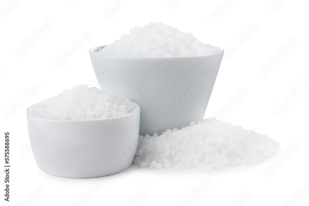 Ceramic bowls with natural sea salt isolated on white Ceramic bowls with natural sea salt isolated on white