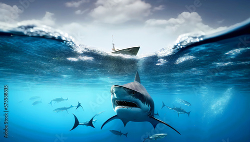 An Illustration of a Powerful Shark Roaming the Depths of the Ocean. Generative AI
