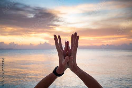 hand in lotus mudra at sunset