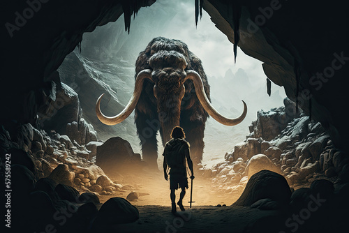 Cavemen hunting wooly mammoth Generative AI