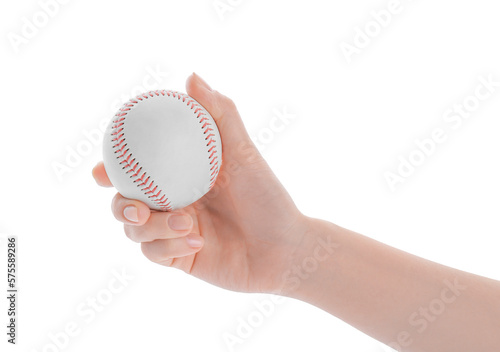 Woman with baseball ball on white background, closeup