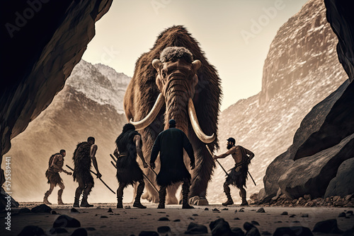 Cavemen hunting wooly mammoth Generative AI photo