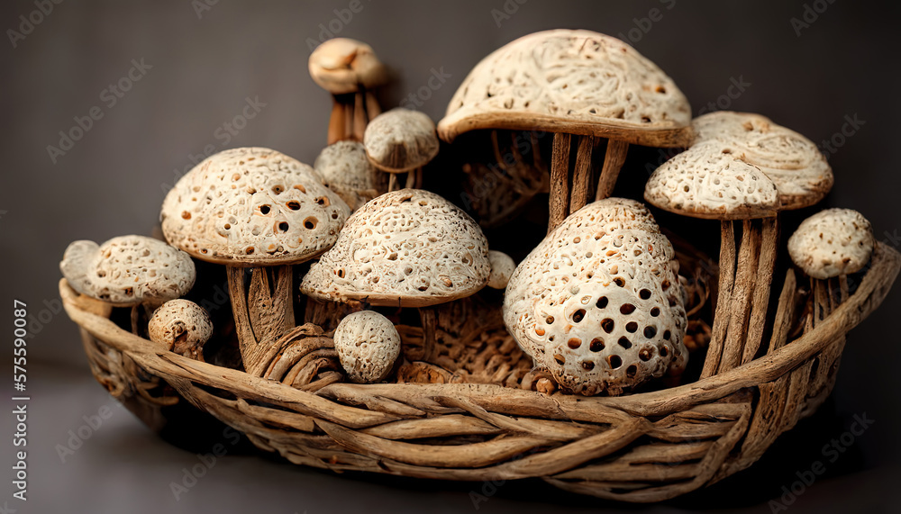 Mushrooms in basket composition. Generative Ai