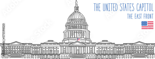 The United states Capitol Building, the East Front. Vector drawing. Illustration isolated on white background. Outline stroke is not expanded, stroke weight is editable