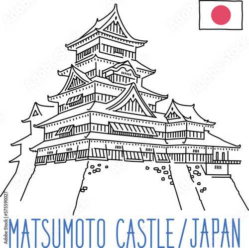 Matsumoto Castle, Japan. Hand drawn vector illustration isolated on white background. Outline stroke is not expanded, stroke weight is editable