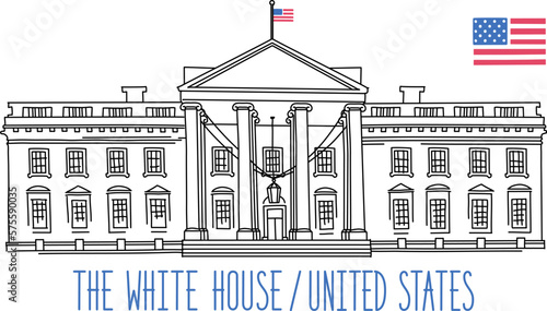 The White House in Washington DC, USA. Vector drawing. Illustration isolated on white background. Outline stroke is not expanded, stroke weight is editable