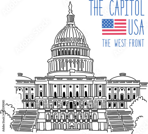 The United states Capitol Building, the West Front. Vector drawing. Illustration isolated on white background. Outline stroke is not expanded, stroke weight is editable