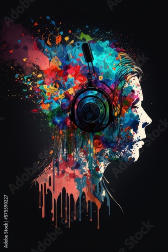 Beautiful woman listening to music, colorful head wearing headphones. Dark background. Generative AI Technology