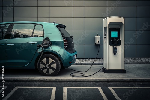 EV Car or Electric vehicle charging at charging station. Eco-friendly sustainable energy concept. Generative AI Technology © Luisa