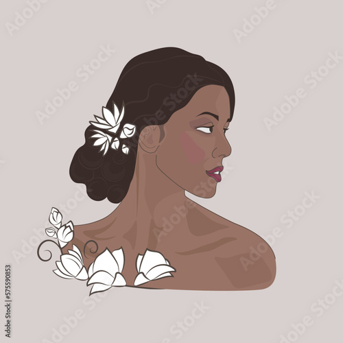 Portrait of beautiful dark-skinned woman with dark hair, side view. Perfect for decor, Wall Art Posters, t-shirt Print, cover, banner, card, poster. Design for social media apps. Vector illustration