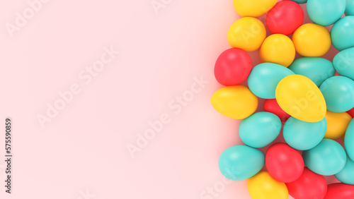 Bunch of colorful easter eggs on uniform background with shallow depth of field. 3d render illustration