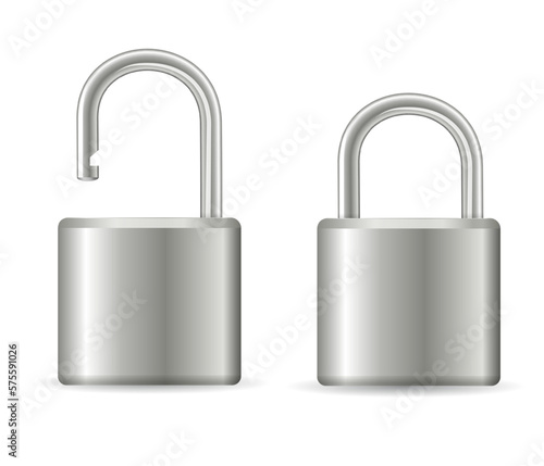 Metallic padlocks set. Steel silver closed and open padlock isolated. Chrome locks template.Vector