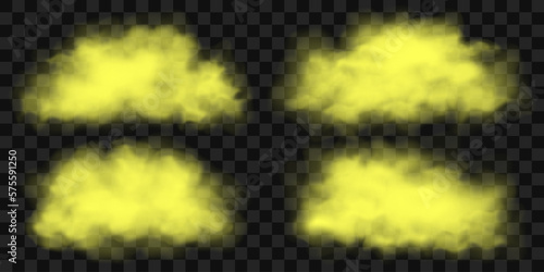 Set of yellow smoke, fog or gas clouds. Realistic 3d vector illustratiof n isolated on transparent background.