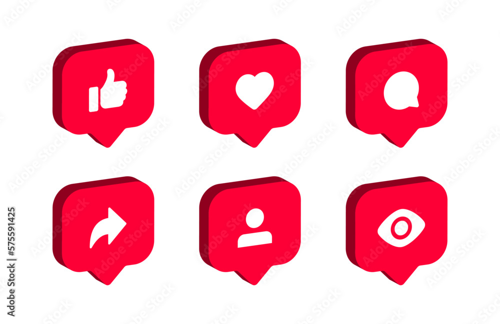 social media notification icons in speech bubble 3d thumbs up like icon ...