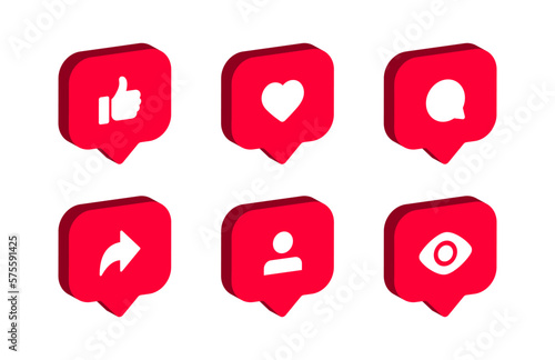 social media notification icons in speech bubble 3d thumbs up like icon, love, comment, share, follower icon signs - like chat bubbles social network post reactions collection set. vector illustration