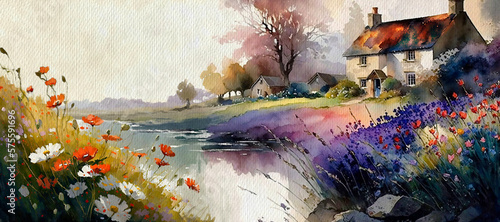 Summer landscape, artwork. Old house in the woods, watercolor painting of a landscape in the morning, landscape with flowers and grass