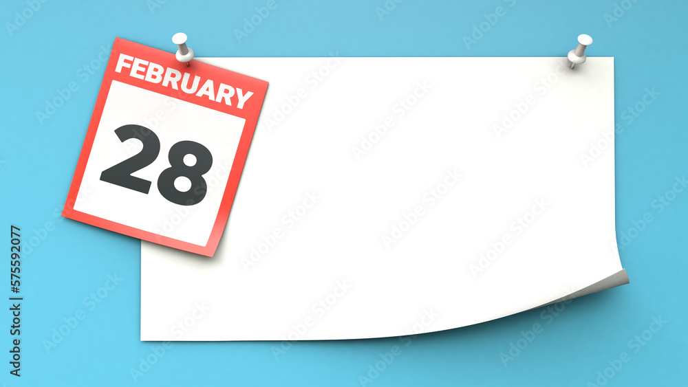 February 28. A calendar sheet with a date on a blue background. Copy space. The best day of the year. Three-dimensional illustration. 3D rendering. February 28. A calendar sheet with a date on a blue background. Copy space. The best day of the year. Three-dimensional illustration. 3D rendering.