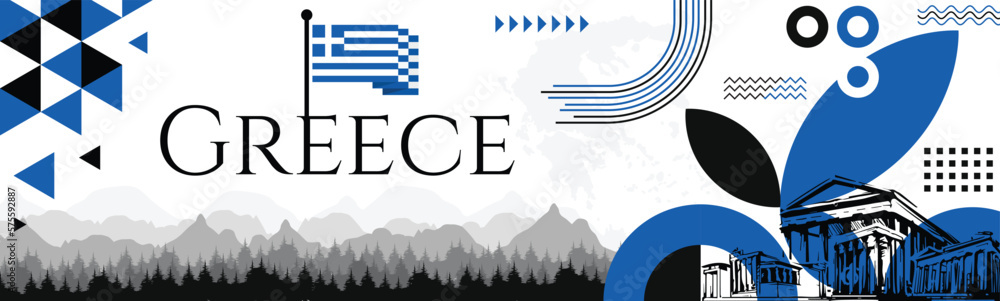 Greek Independence Day Greece banner with name and map. Flag color themed Geometric abstract retro modern Design with pattern. Blue color vector illustration template graphic design.