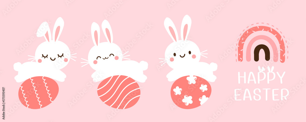 Bunny rabbit cartoons, Easter eggs, rainbow and hand drawn fonts on pink background vector illustration. Bunny rabbit cartoons, Easter eggs, rainbow and hand drawn fonts on pink background vector illustration.
