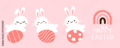 Bunny rabbit cartoons, Easter eggs, rainbow and hand drawn fonts on pink background vector illustration.