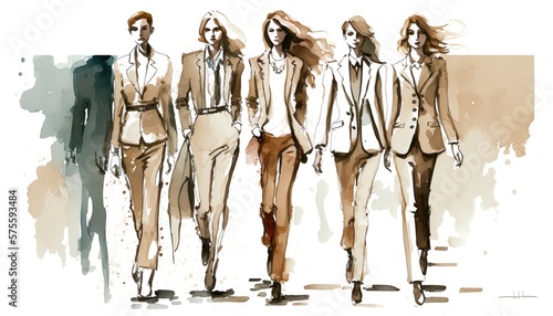business attire female, models on a catwalk, fashion show, watercolor illustration