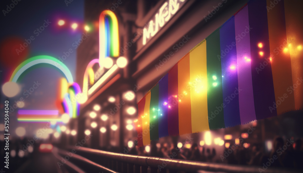 LGBT flags and rainbows in street filled with fairy lights generative ai LGBT flags and rainbows in street filled with fairy lights generative ai
