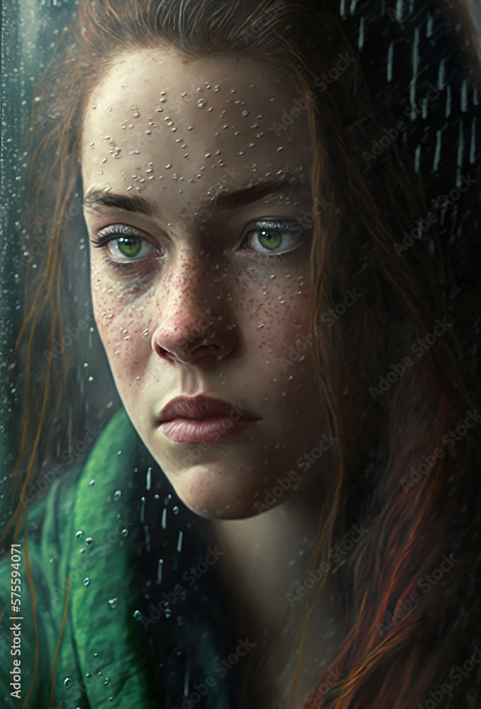 artistic portrait of a sensual woman's face behind a glass window in the rain, generative ai artistic portrait of a sensual woman's face behind a glass window in the rain, generative ai