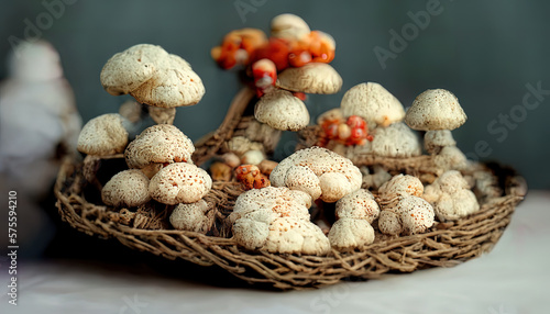 Mushrooms basket realistic concept with boletus and porcini vector illustration. Generative Ai