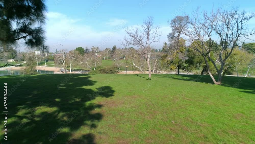 Aerial: Drone Backward Shot Of Green Landscape With Trees In Park Under Sky On Sunny Day - Los Angeles, California Aerial: Drone Backward Shot Of Green Landscape With Trees In Park Under Sky On Sunny Day - Los Angeles, California