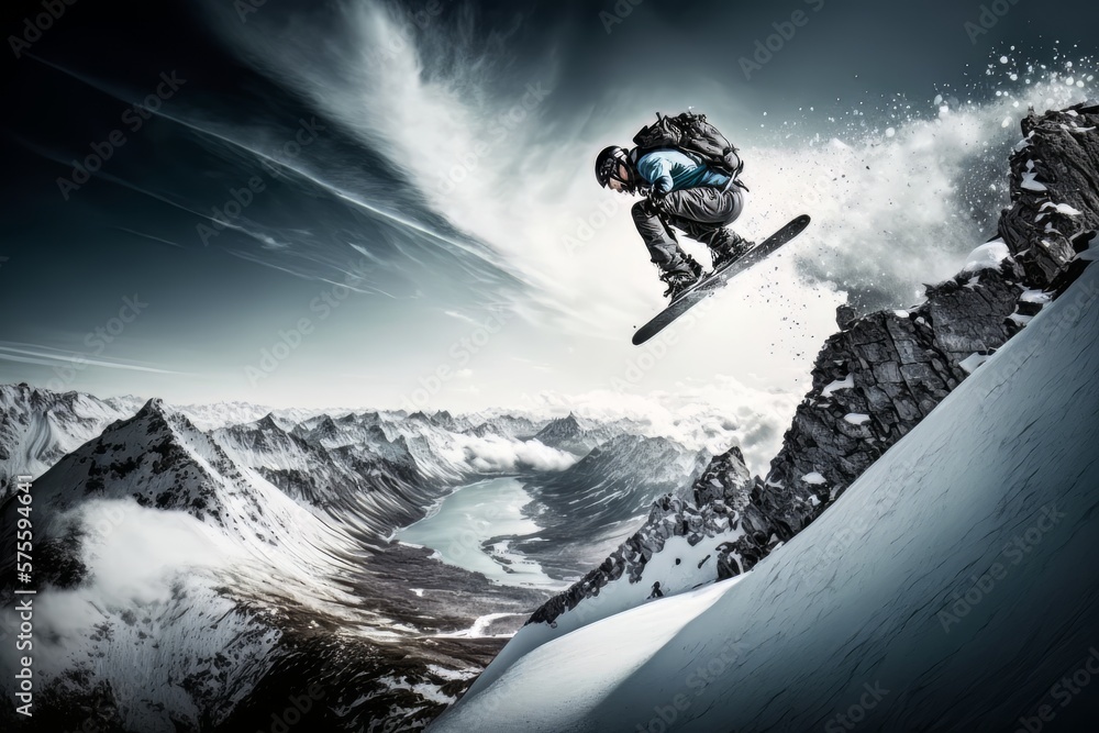 Fototapeta premium Winter extreme athlete sports, snowboard ski jumping on mountain. Winter, Snow landscape. Landscape. Generative AI Technology
