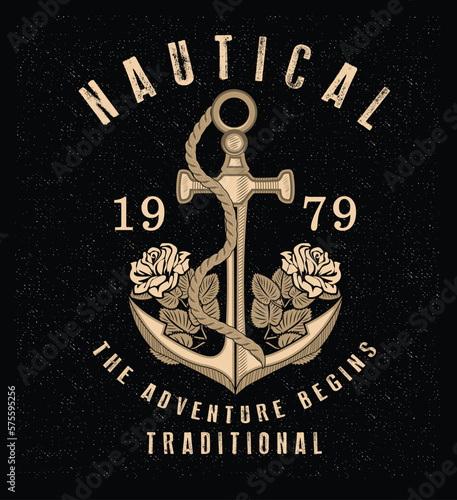 Anchor, yacht club typography. Vintage tee print design. T-shirt graphics. 