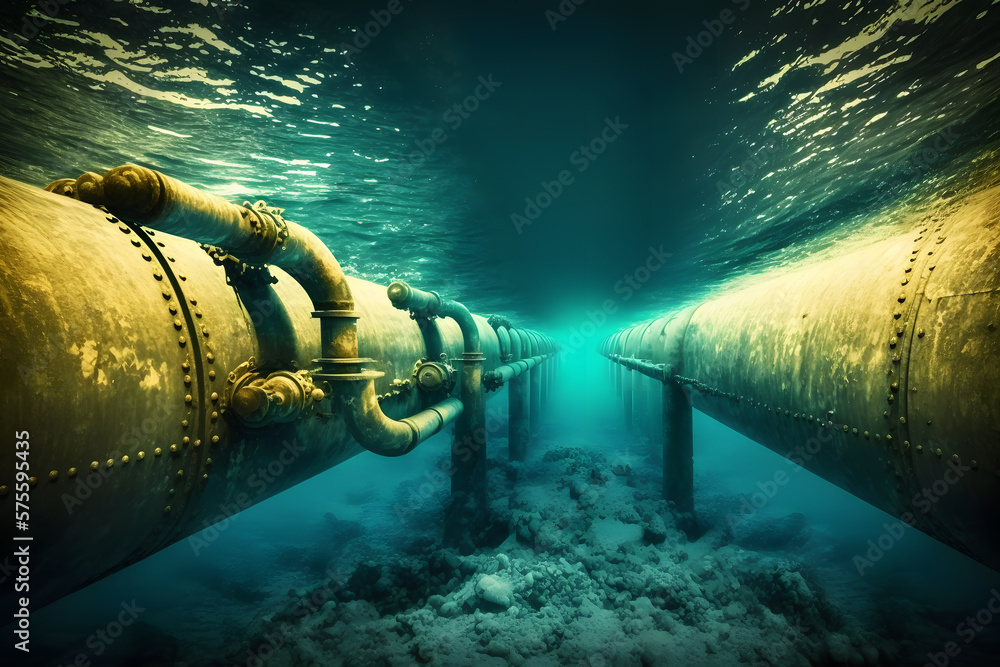 Metallic yellow pipe for transporting gas or oil underwater at the ...
