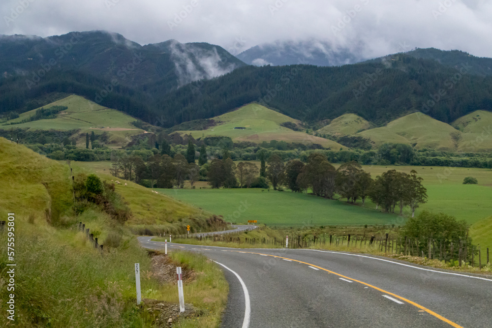 Winding and scenic road in New Zealand, with mountains and green grass