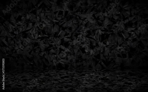 Black textured empty wall and floor 3d background. Dark room abstract illustration.