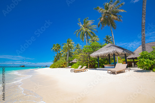 Fototapeta Naklejka Na Ścianę i Meble -  Paradise island beach. Tropical landscape of sunny summer scene, sea sand sky palm trees. Luxury travel vacation destination. Exotic beach landscape. Amazing nature, relax, freedom tranquil Maldives