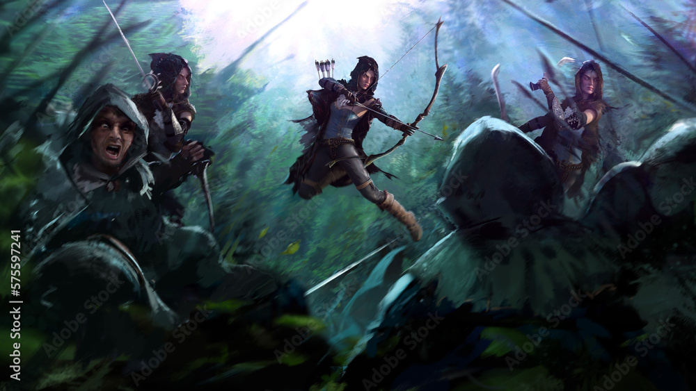 Epic massive battle in the forest. battle of many heroes and villains ...