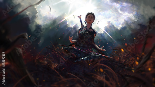A warrior girl sits in a motivated pose on the battlefield, surrounded by swords stuck in the ground, fiery sparks fly in the air, and sunlight breaks through the clouds above her head. 2d art