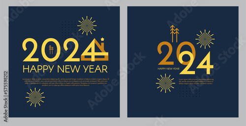 Happy 2024 New Year celebration with minimal fir tree. Cover  flyer and poster design template.