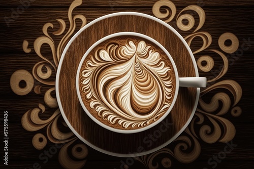 Pattern made of cup of cappuccino on wooden background. Generative AI