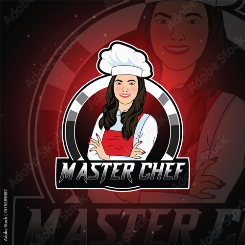 Girl chef mascot logo illustration with red apron