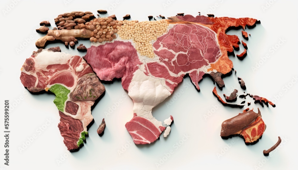 World Map of meat eaters Various Kinds of Meat on White Background
