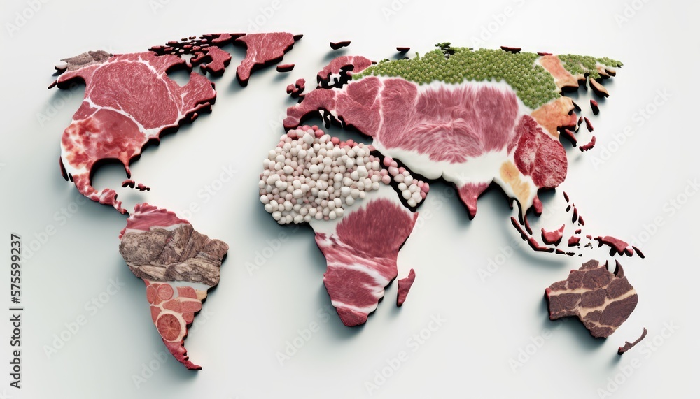 World Map of meat eaters Various Kinds of Meat on White Background