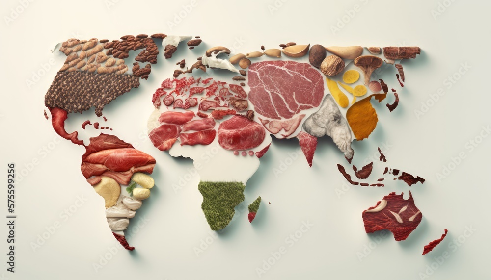 World Map of meat eaters Various Kinds of Meat on White Background